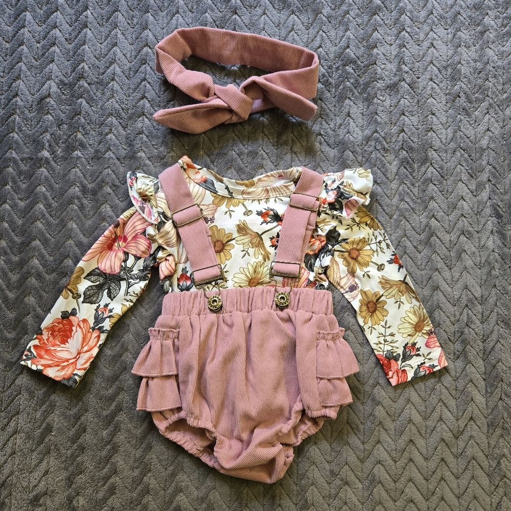 Baby Girl Vintage Floral Ruffle Romper Set Corduroy Suspender Bloomer Outfit